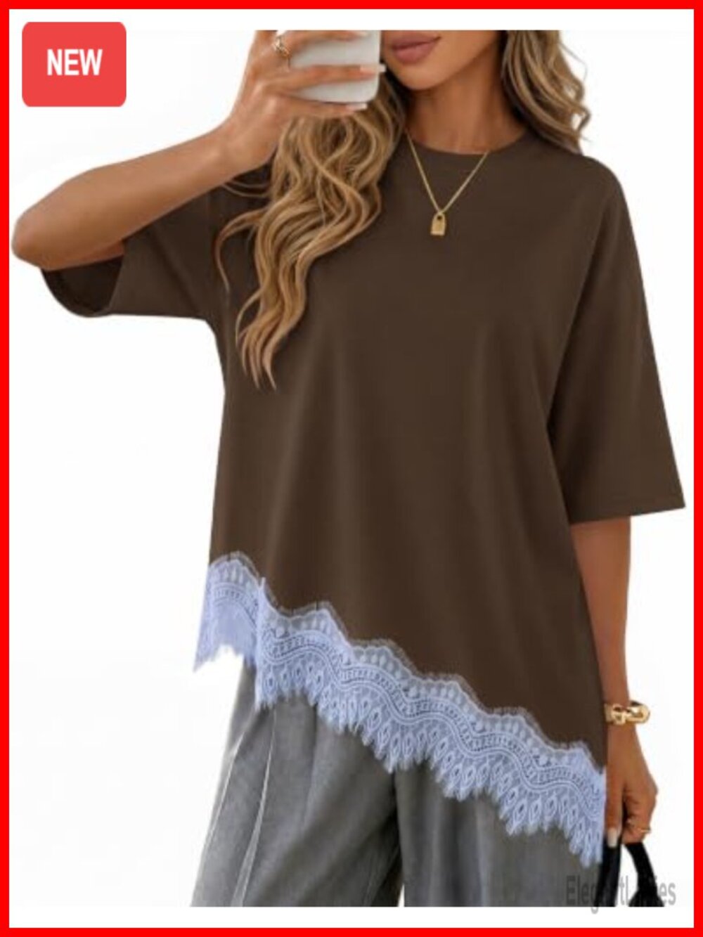 Oversized Cotton Blend Lace Hem Tunic Tee Casual Going Out Top